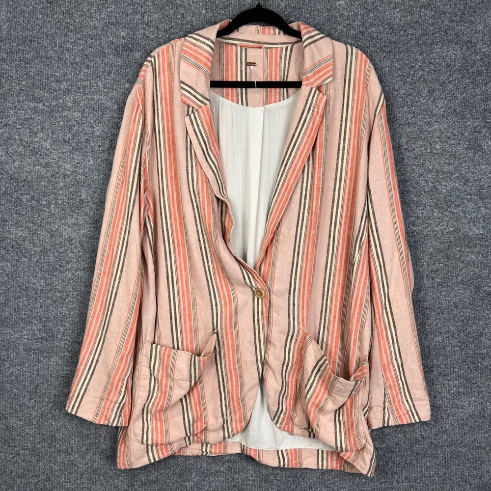 Free People Blazer Womens M Pink Excellent Striped Linen Blend Oversized Jacket